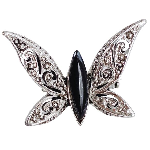 Vintage Silver Tone Butterfly Brooch Black Glass Marcasite Style 1970s - Picture 1 of 10